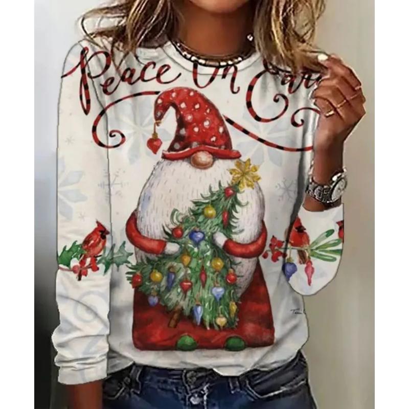 Fashion Women's Crew Neck Long Sleeve 3D Casual Color Printing Casual Long Sleeve Crew Neck T-Shirt