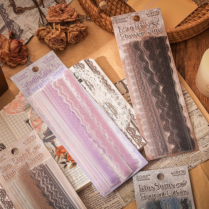 40 Pcs Lace Stickers Cute Aesthetics Decor Collage Junk Journal Scrapbooking Supplies Self Adhesive Creative Stationery Sticker