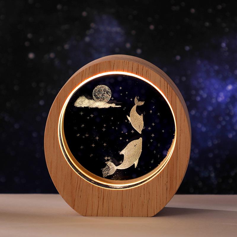 Planet Night Light 3D Inner Engraving Luminous Crystal Desktop Ornament Wooden Base