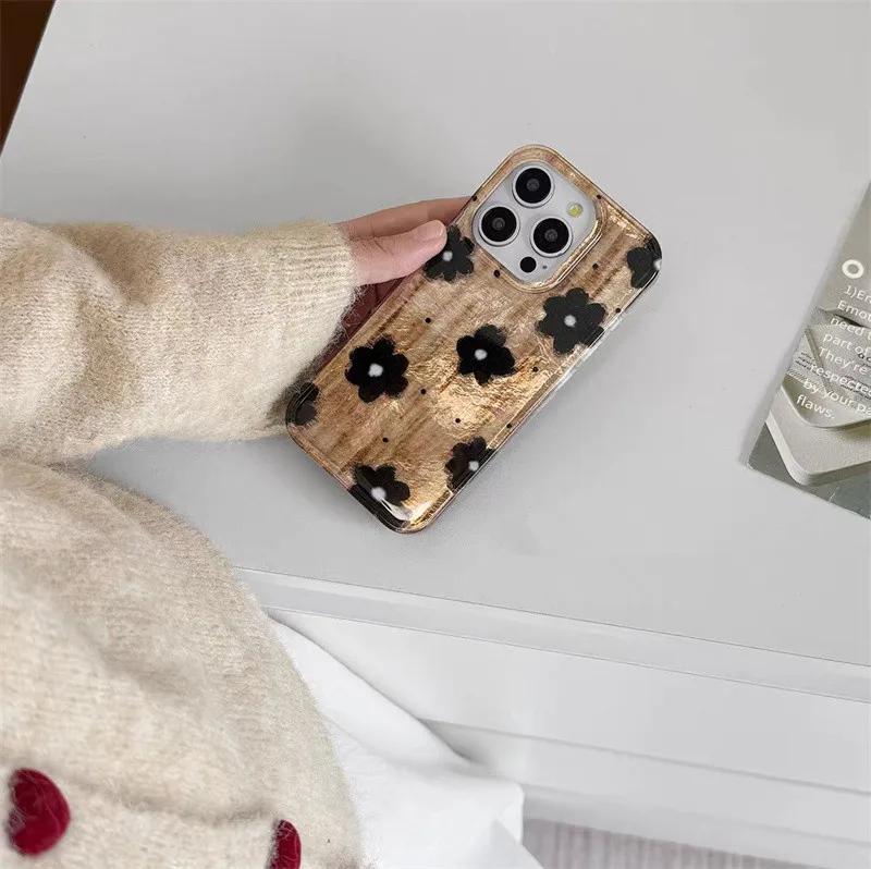 Retro Brown Black Spots Flowers Tinfoil Pattern Phone Cover Case for IPhone 16 16e 15 14 13 12 11 Pro Max 7 8 Plus X XR XS Cover
