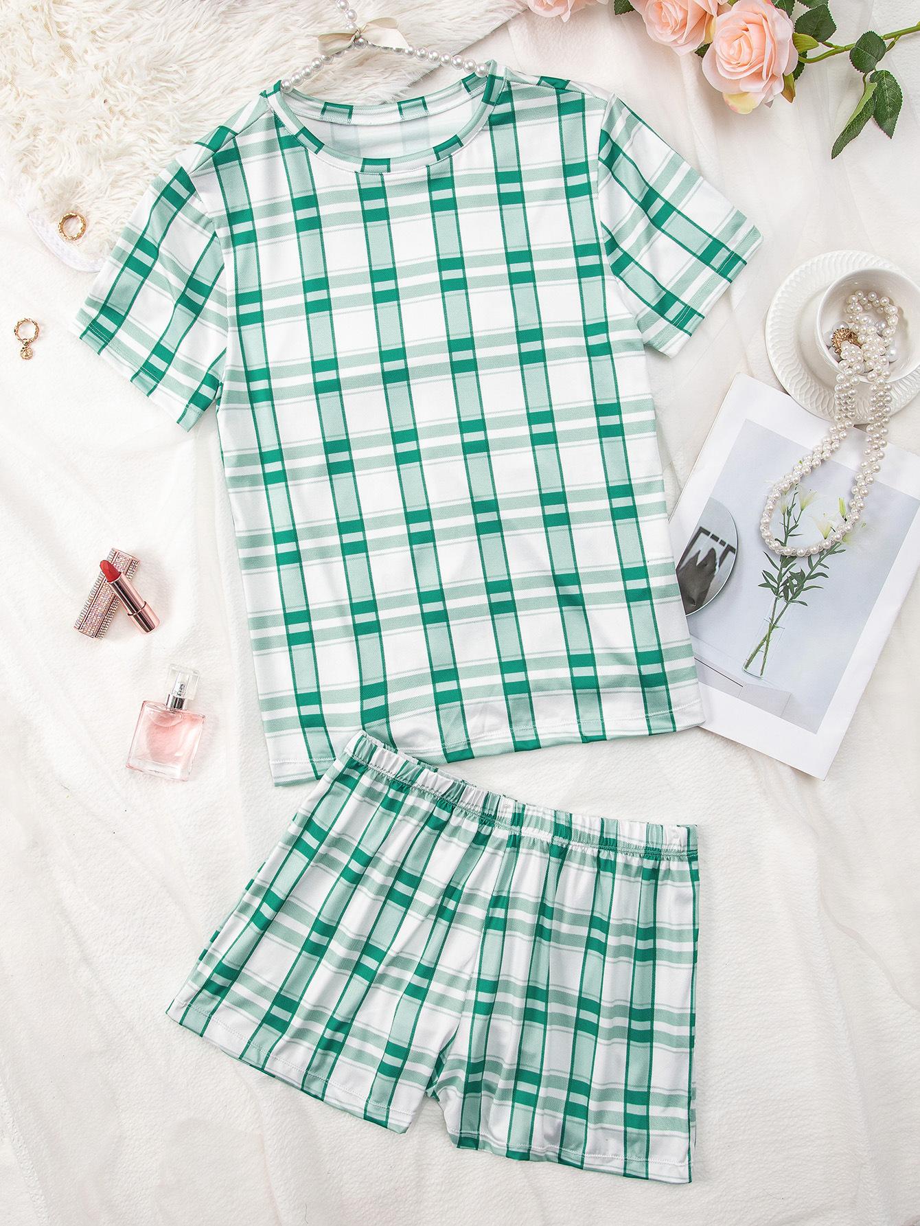In s style short-sleeved green plaid printed comfortable shorts Hong Kong style summer women s clothing S зелёный