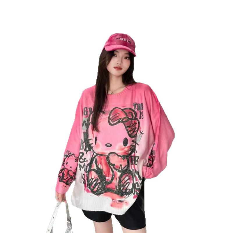Sweet Cartoon Fun Print Mink Cashmere Knitwear Sweater for Women - Autumn Korean & Lazy Style with Hot Diamond Accents