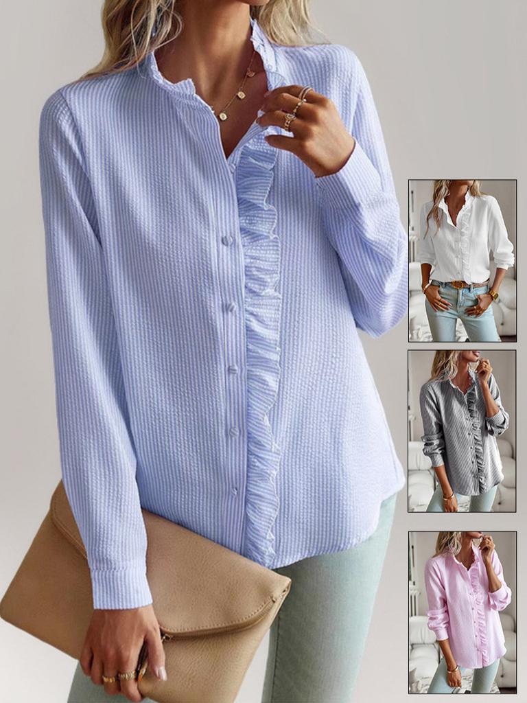New Stand-up Collar Autumn Fungus-edged Cardigan Ruffle-edged Long-sleeved Bubble Top Women's Shirt