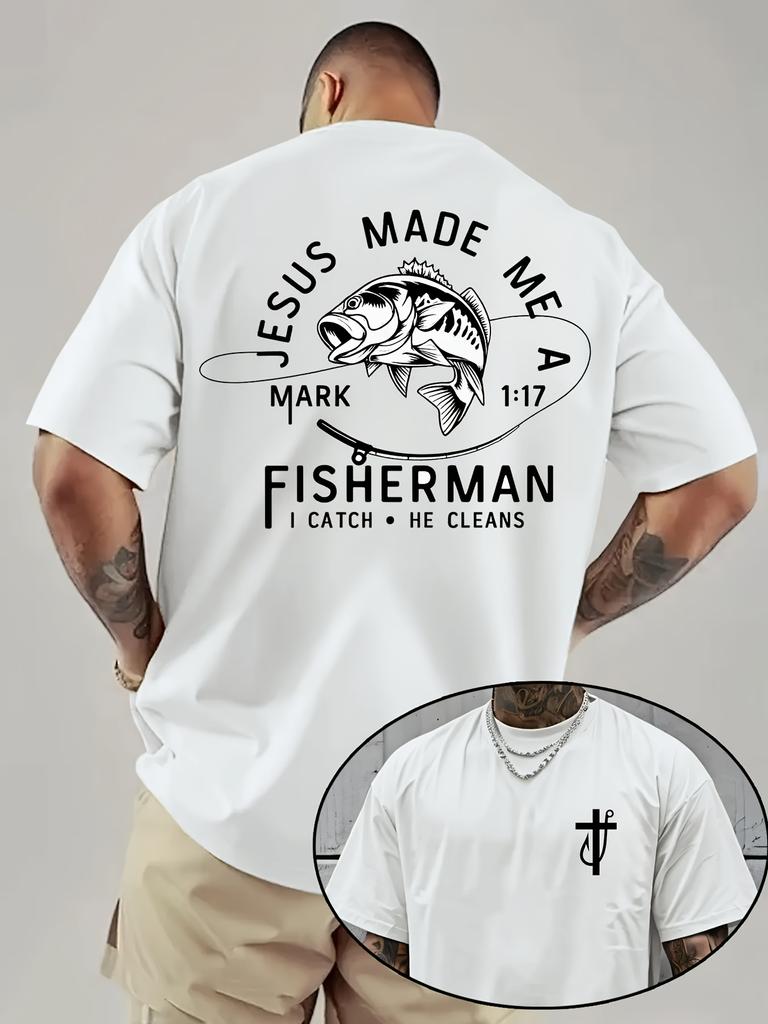 Unisexs Christian Fishing TShirt with Jesus Made Me a FisherUnisex Mark 117 Bible Verse White Cross Fish Print Breathable Loo
