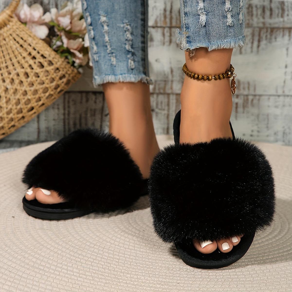 Женские пушистые тапочки из искусственного меха однотонные всесезонные домашние тапочки с резиновой подошвой удобные тапочки для дома и улицы в стиле медовой девушки 36-37 чёрный 3166₽