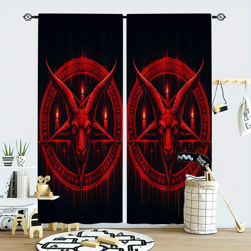 2er Set Gotische Verdunkelungsvorhänge  Satanisches Pentagramm & Roter Ziegenkopf  Lichtfilternd für Schlafzimmer  Wohnzimmer & Büro  Dunkler Dekorationsstil