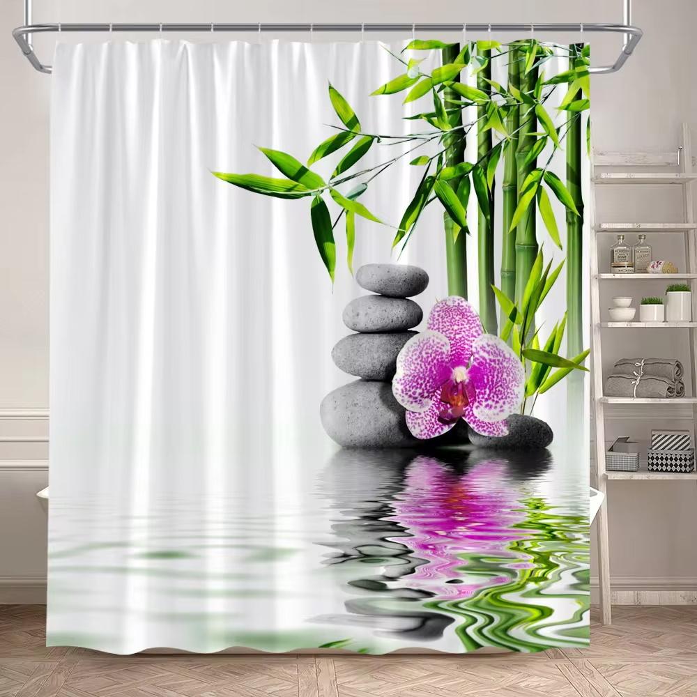 Zen Shower Curtain Natural Flowers Butterfly Grey Stone Reflection Spa Scenery Home Bathroom Decor Polyester Fabric Bath Curtain