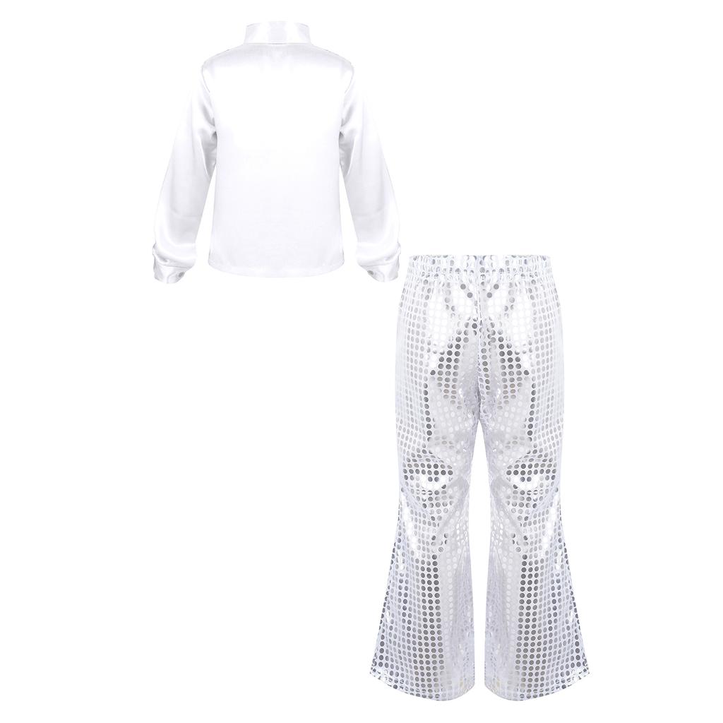 Boys Sequined Long Sleeve Spread Collar Shirt Elastic Waistband Flared Pants Jazz Outfit