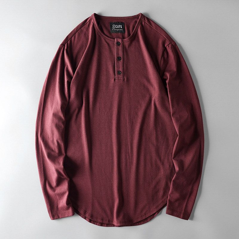 Cut Label Spring and Autumn Men s Long Sleeves Export Original Order Henley Shirt Burgundy S