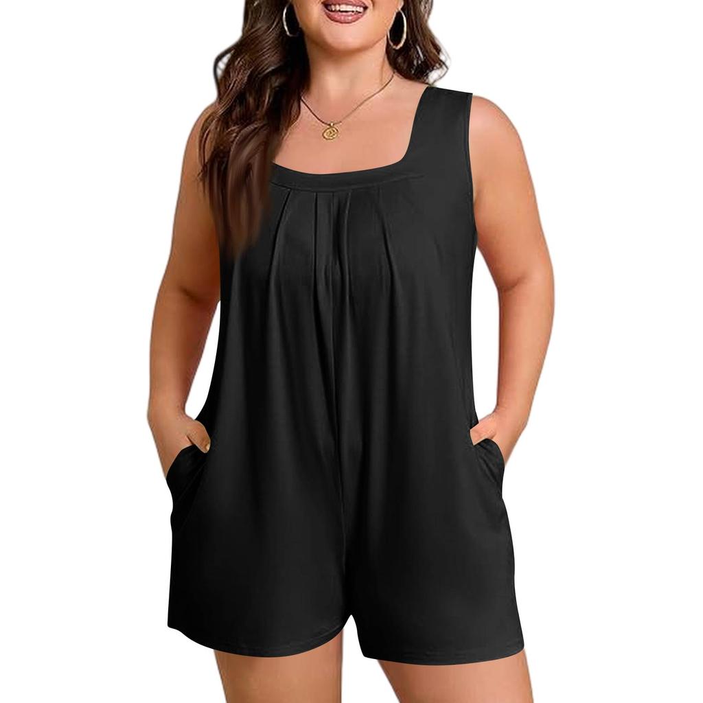 Women's Plus Size Casual Tank Top Sleeveless Pocket Jumpsuit Shorts Set