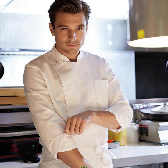 Chef Uniform Stand Collar Double-Breasted Button Design Roll-Up Cuffs Chest Pocket Solid Color Chef Shirt Professional Kitchen Workwear