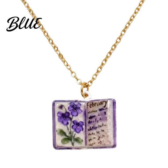 Stylish Women Necklace Birth Flower Necklace Floral Book Pendant January