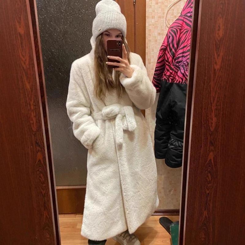 

Шуба белая удлиненная экологичный мех зимний костюм воротник темперамент продвинутая норковая шуба женская XXL