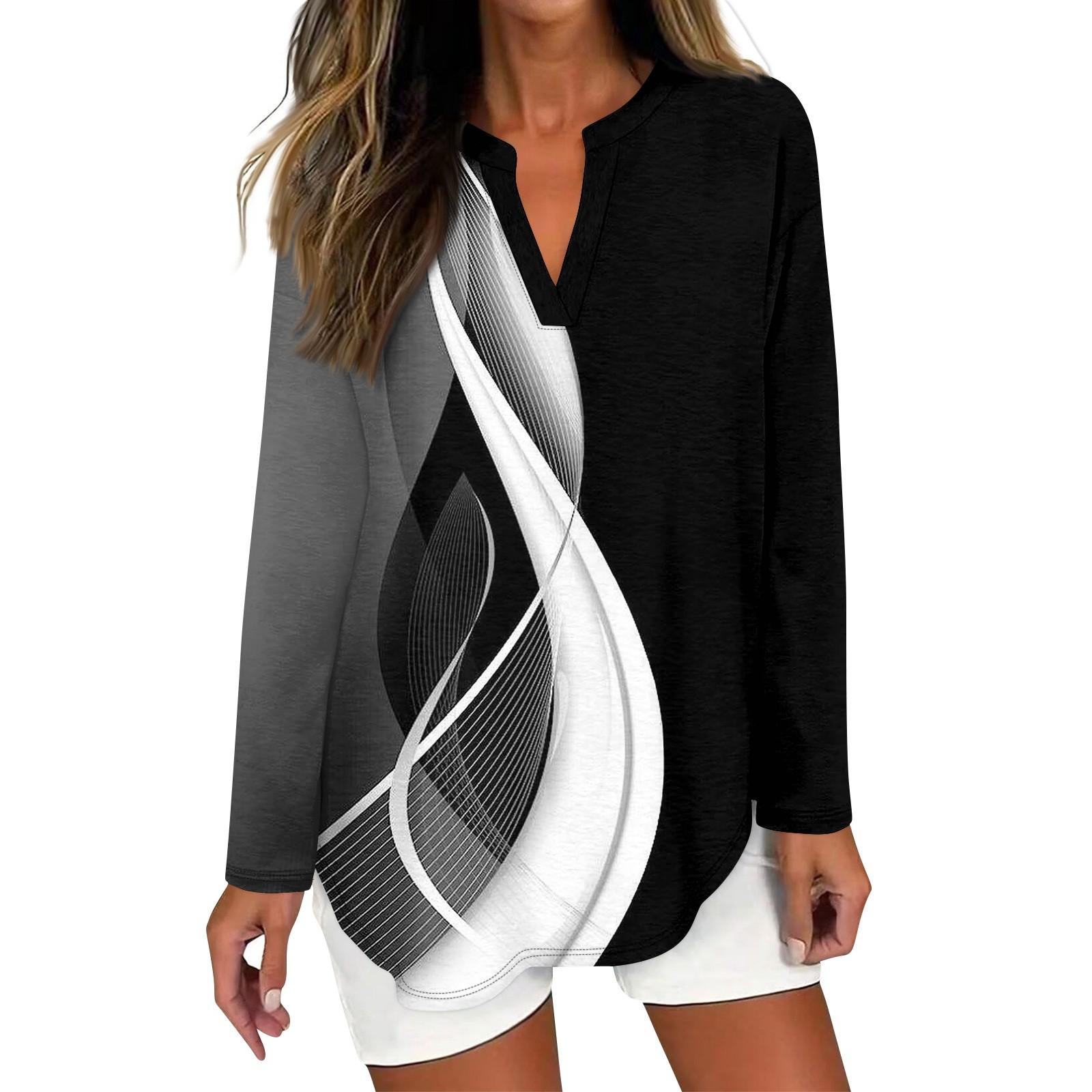 

Женская футболка с принтом, длинный рукав, повседневная, выходного дня, модная, базовая, с V-образным вырезом, изогнутым подолом, стандартный топ XXXL чёрный