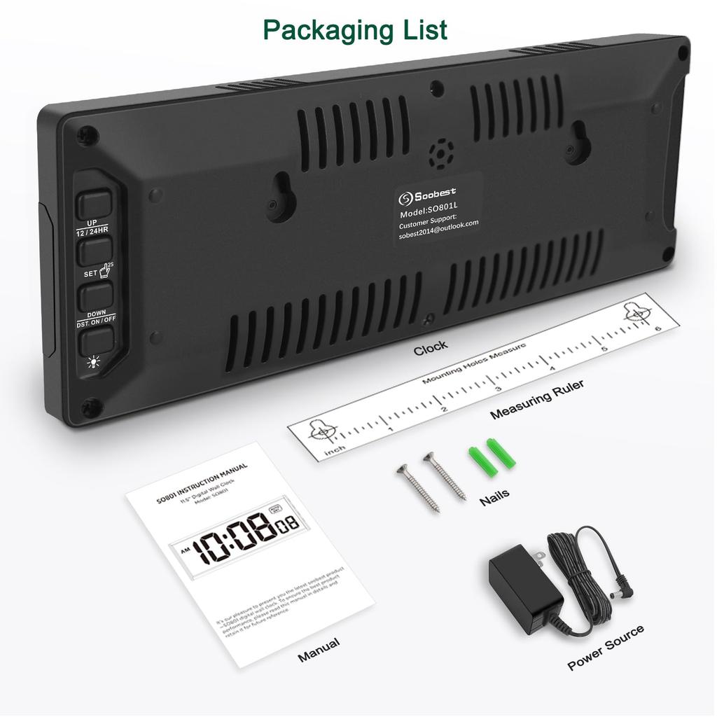 Soobest LED Digital Wall Clock with Seconds, Electric Clock Plug-in, Automatic DST Dimming, Large LED Display, 10-inch (White)