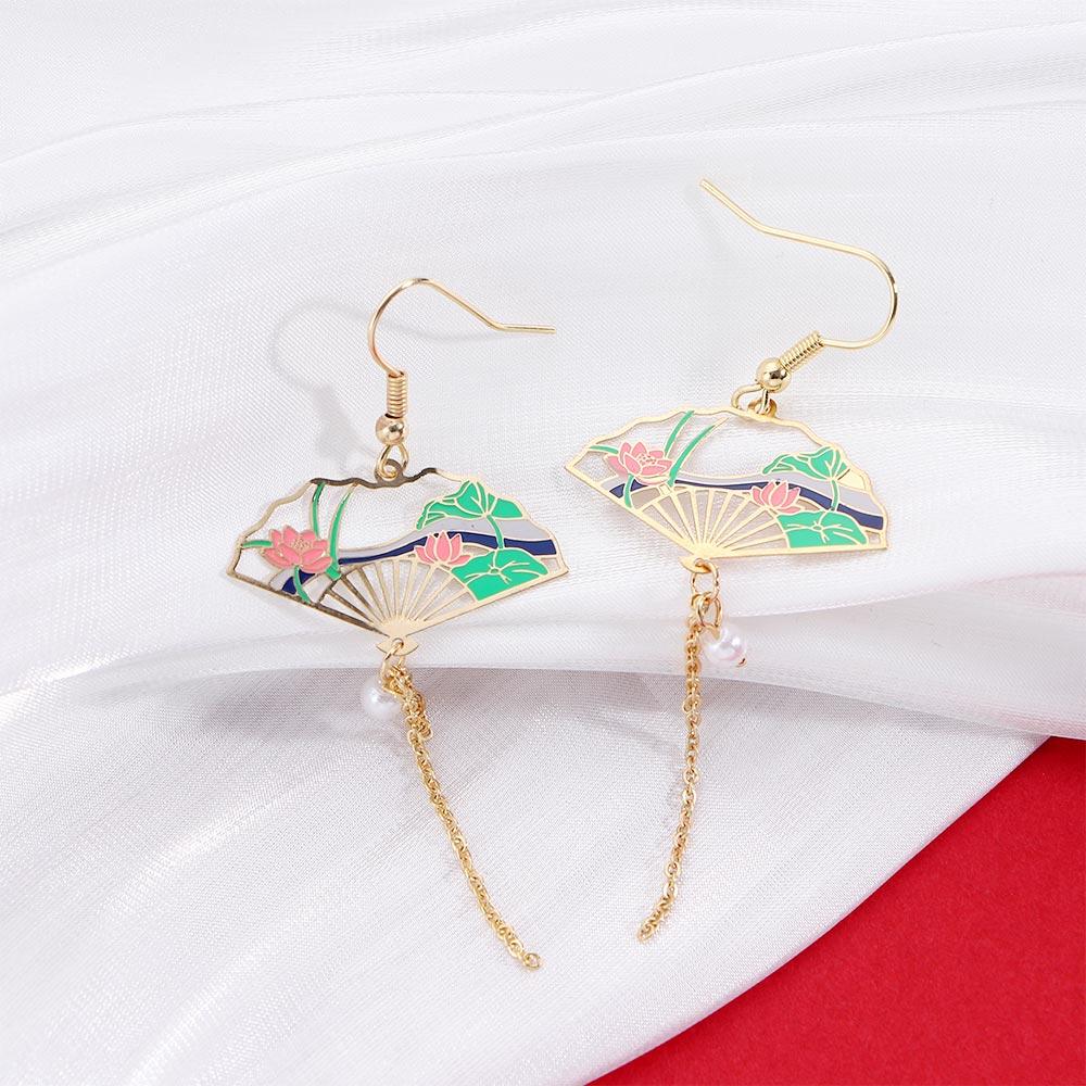 Blossoms Leaf Pendant Chain Lotus Pearl Ear Hoop Hollow Fan Chinese Elements Long Drop Earrings