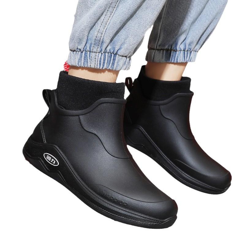 Huili New Fashionable Men's Rain Shoes Short Rubber Shoes Water Shoes Non-slip and Wear-resistant Car Wash Removable Cotton Cover Waterproof Shoes
