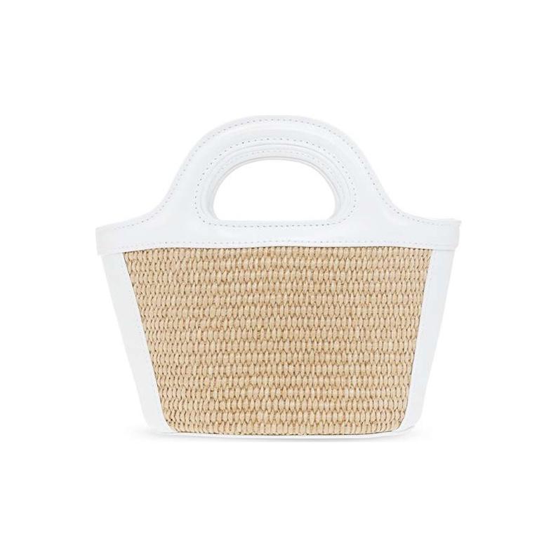 Marni Tropicalia Logo Print Woven Raffia Coconut Leaf Calfskin Bucket Tote Shopping Bag Women Tote White Beige BMMP0067Q0