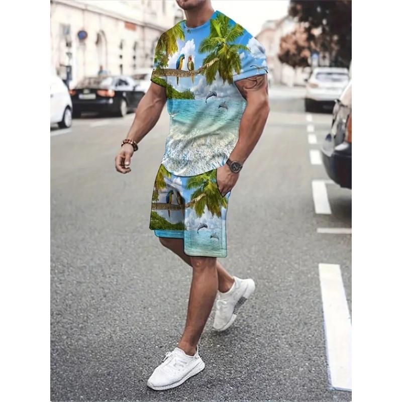 Cute Cartoon Print Summer Casual Crew-neck Men's Suit Urban Fashion Street Short-sleeved Top And Shorts Casual All-match Outfit