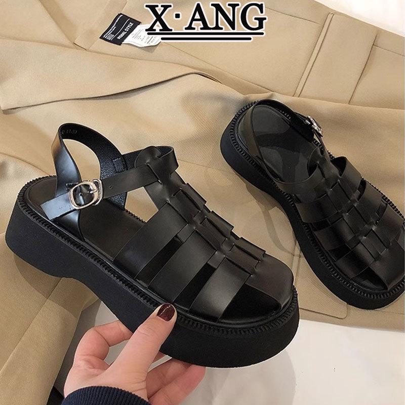 Leather bag head sandals women's platform Roman women's shoes 2025 summer new woven pig cage shoes hollow hole shoes