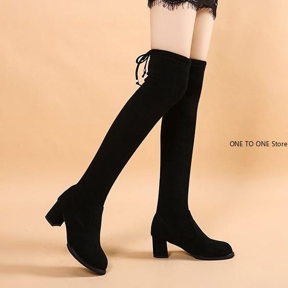 Rozciągliwe długie buty ze sztucznego zamszu damskie buty za kolano w stylu Casual, czarny seksowny klub nocny buty na platformie dla kobiet jesień kobiety Bottes