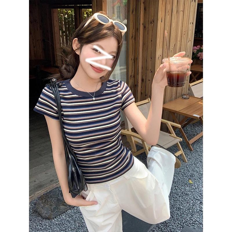 American retro chic striped T-shirt women's summer contrasting colors spring and autumn inner fit slim bottom top front shoulder short sleeves