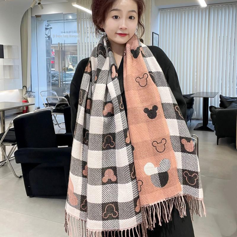 2024 Women's Mickey Plaid Cashmere-Feel Scarf: Fashionable, Versatile, Warm Two-Sided Shawl for Autumn/Winter