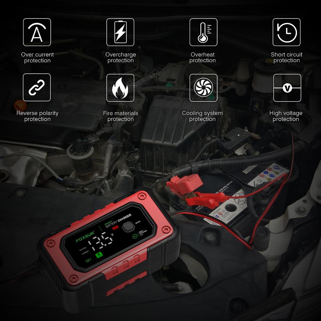 Smart Car Battery Charger for 12V 7A AGM GEL LiFePO4 Batteries Desulfator, Motocycle Fast Charging Maintainer with Repair