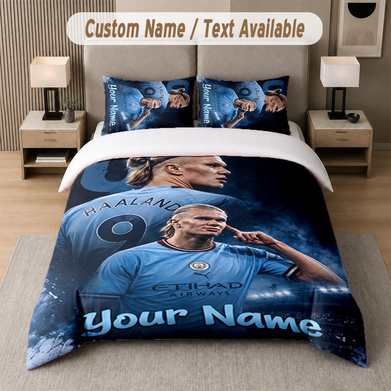 Custom Bedding Set Erling Haaland Pattern, Print Name Text 1 Duvet Cover Plus 2 Pillowcases Home Textile