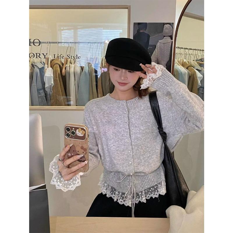 Korean Fashion Crew Neck Sweet Lace Waist Tuck-up Sweater Spring Autumn Knitted Cardigan Loose Slim Fit Top Elegant Casual Jackets Lace-up Clothing