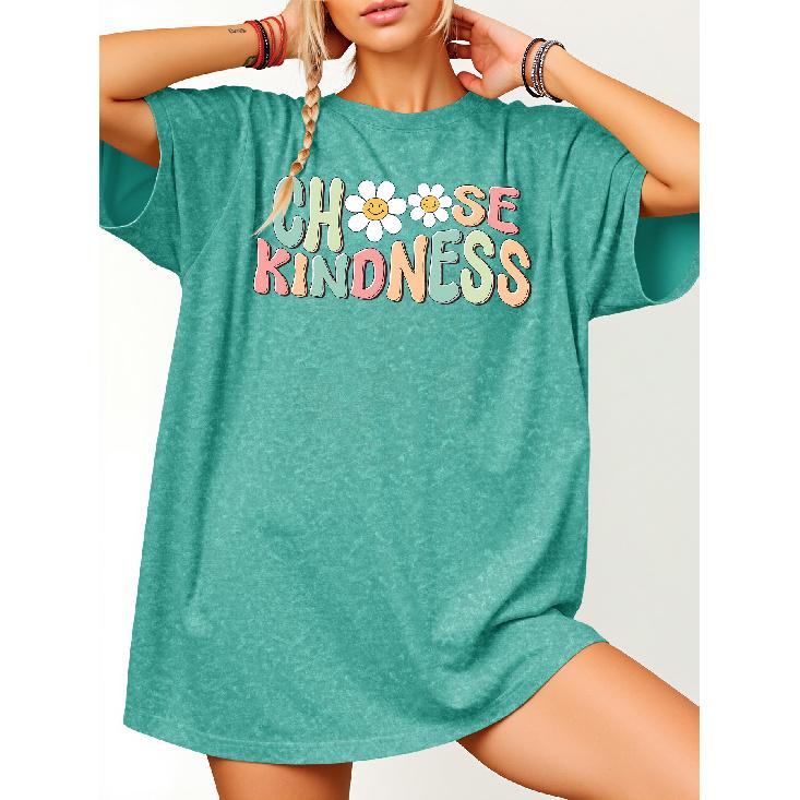 Macaron Daisy Choose Kindness Healing Text Print T Shirt| Yuanqi's soft and inspiring versatile loose-fitting round-neck top|Vintage distressed