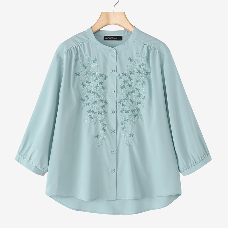 ZANZEA Women Casual Round Neck 3/4 Sleeve Loose Embroidery Print Blouse