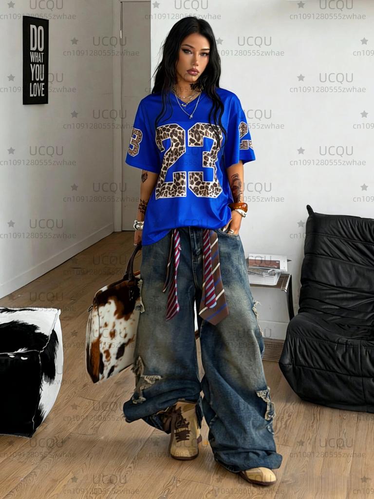 Summer Casual Contrasting Mesh Women's Leopard Print Letter Print Street Simple And Fashionable Football Uniform Y2K T-shirt