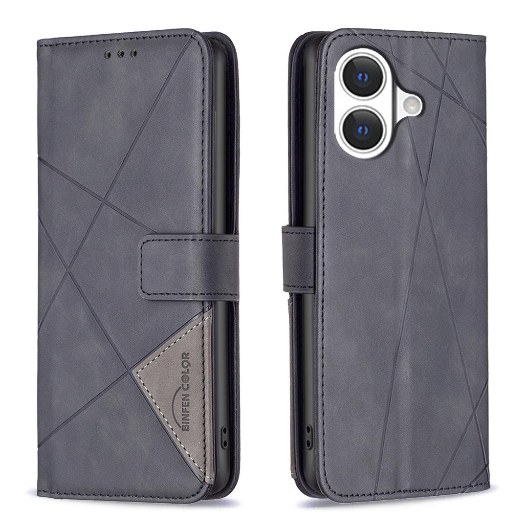 

For iPhone 17 Phone Case BINFEN COLOR Wallet Stand Geometry Imprinted Leather Cover Black