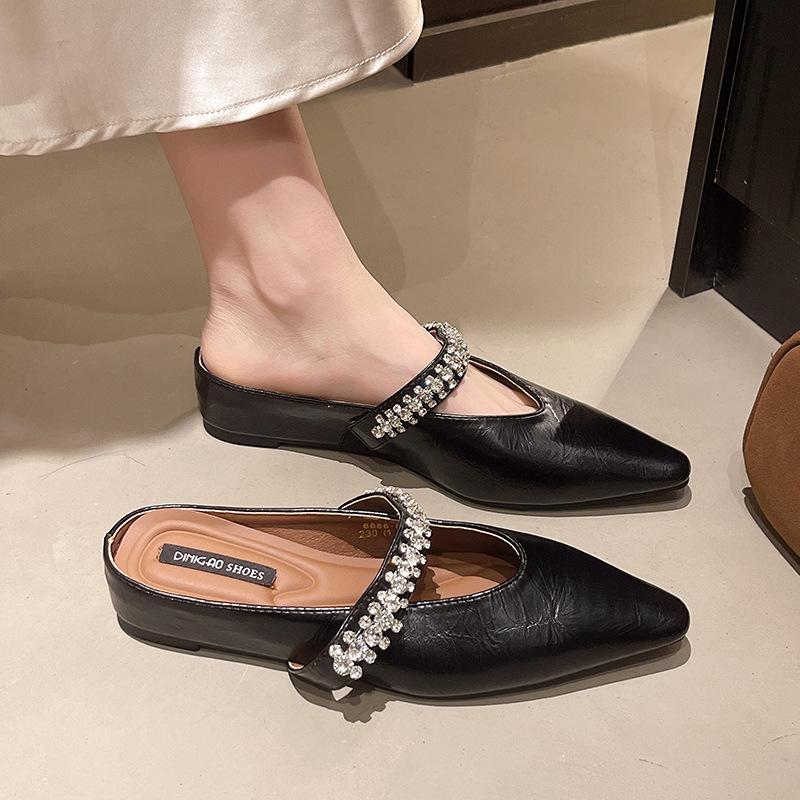 Baotou slippers thick-soled French pointed slippers women's 2025 spring and autumn new inner height-increasing women's shoes rhinestone baotou women's