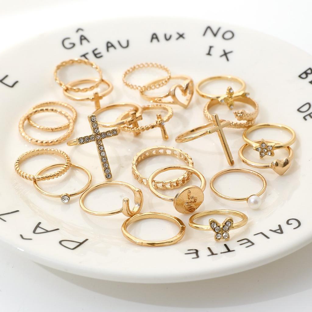 22Pcs Bohemia Cross Knuckle Rings Set For Women Gold Silver Color Heart Butterfly Snake Shape Charm Ring Fashion Daily Jewelry