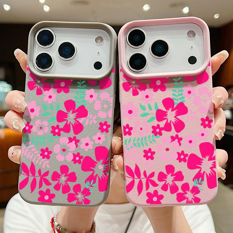 Vibrant Magenta Floral Design Flexible & Durable Shockproof Soft TPU Leather Texture Cover Case for iPhone 17 Pro Max Air 16e 16 15 14 13