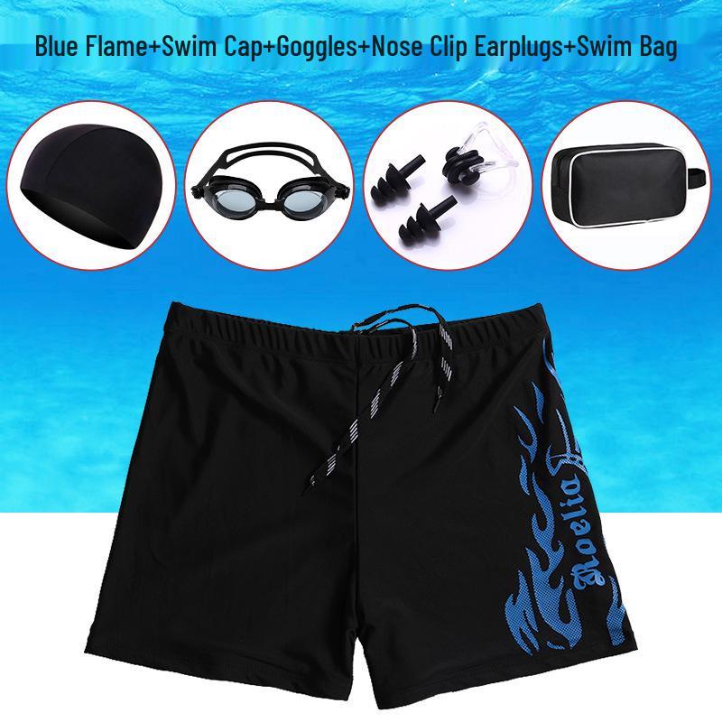 Nylon Flame Men's Swim Trunks & Goggles Set - Quick-Dry Square Leg Training Swimwear