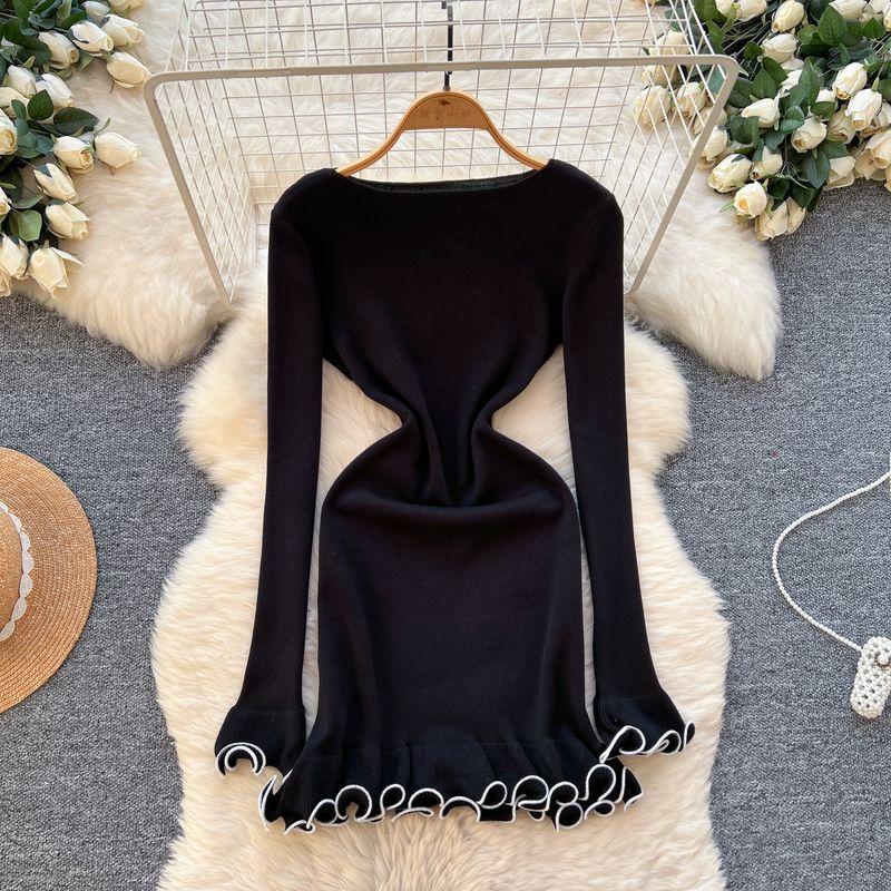 

French Retro Contrast Color Fungus Long Sleeve Waist Trimming Knitted Dress Female Fall and Winter Slim Fit Inner Wear Lotus Leaf Skirt Black One size