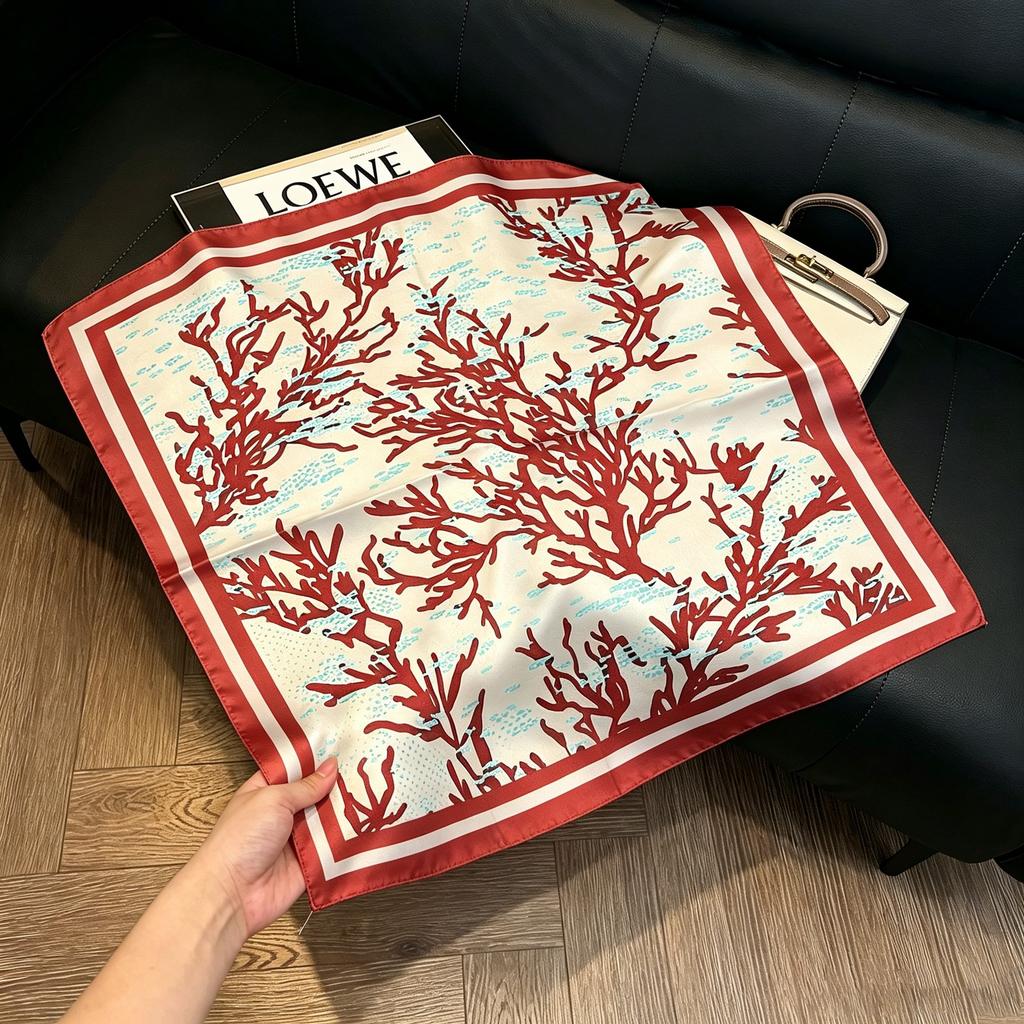 Sen green flower print fresh imitation silk scarf premium versatile square scarf neck protection scarf trendy headscarf scarf women