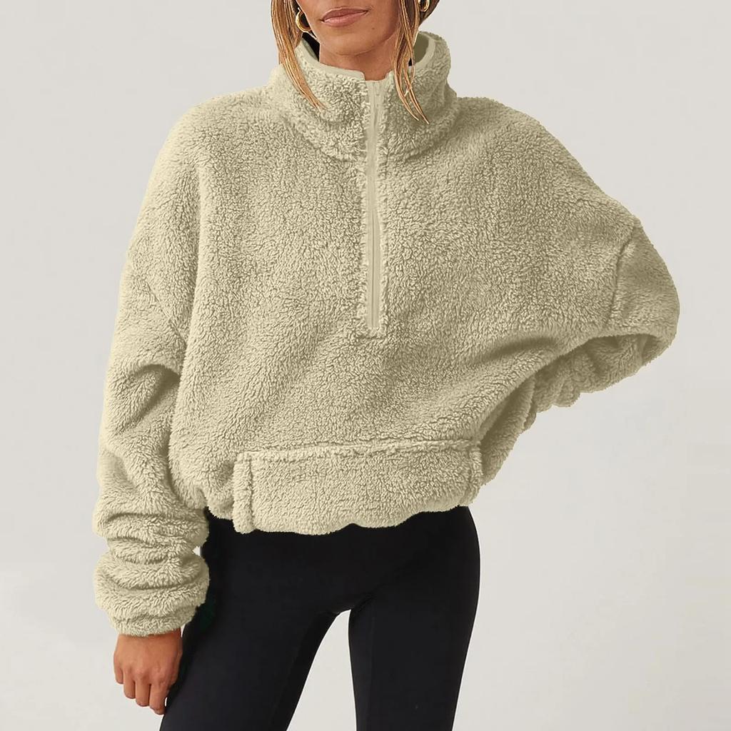 Female Winter Warm Wool Plush Fashion Casual Long Sleeve Pocket Drawstring Half Zipper Thick Pullover Sweatshirt