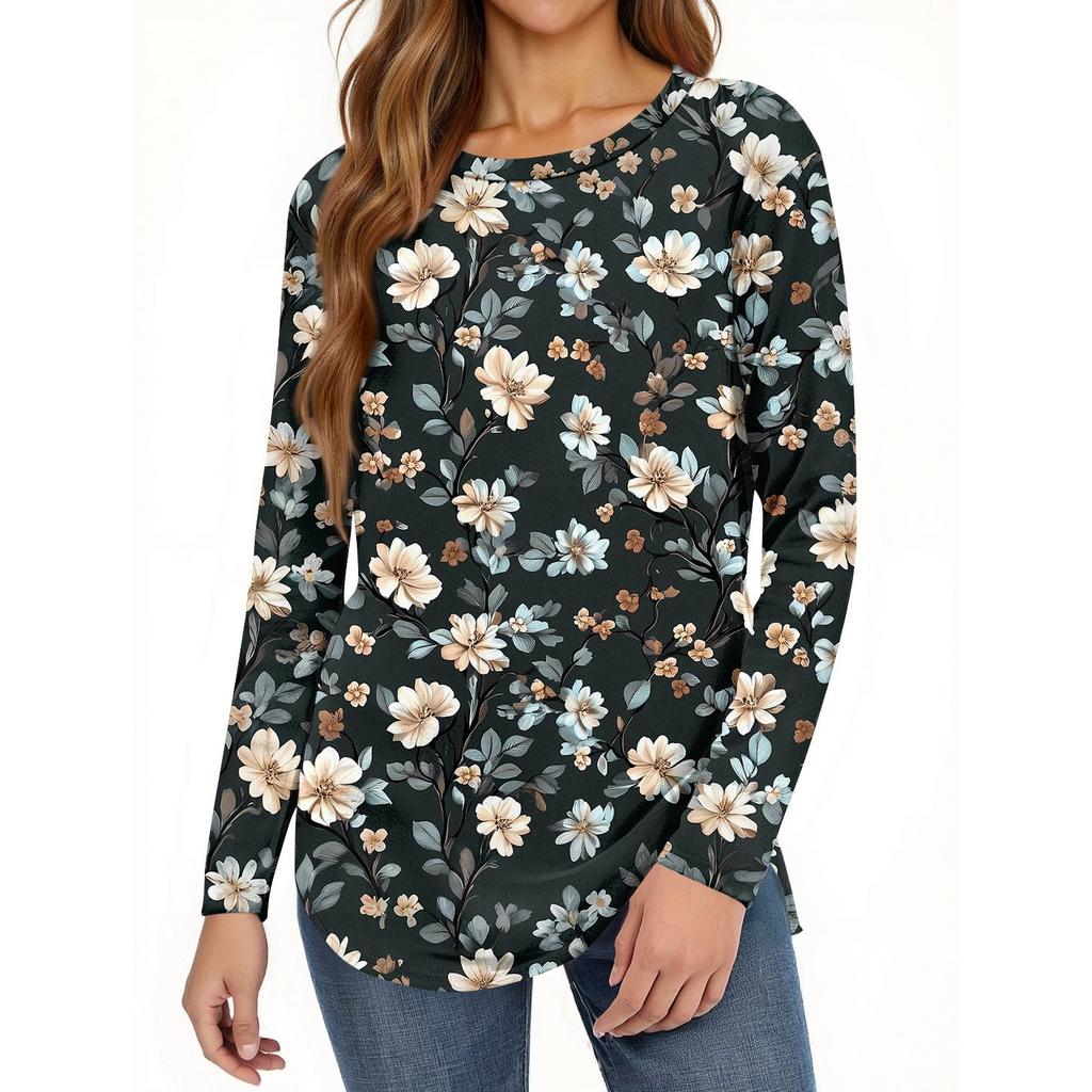 Women's Loose Round Neck Print Long Sleeve T-Shirt Top Pullover