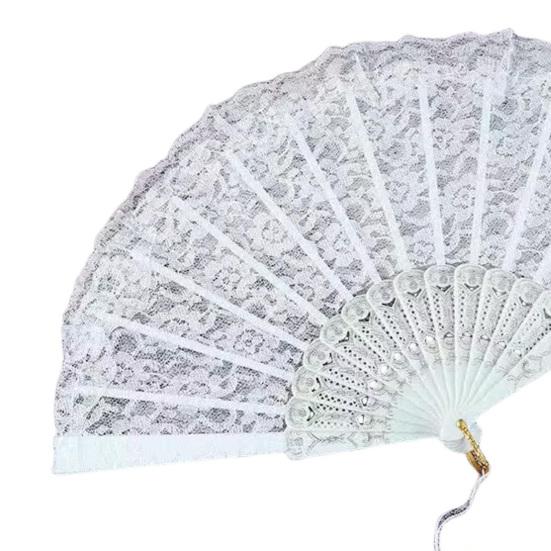 Vintage Lace Folding Fan with Pendant Handmade And Ergonomic Handle Tassel Traditional Chinese Style