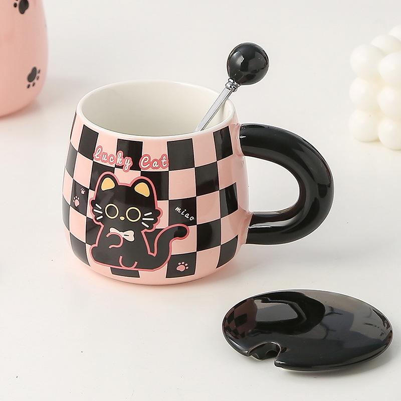 Mugg med lock sked par keramisk kopp flickor söt kreativ hem kontor vattenkopp frukostkopp
