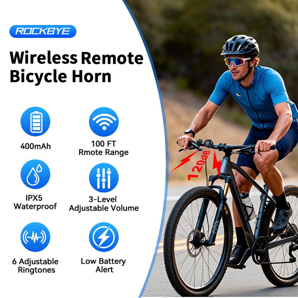 Rockbye Bicycle Electric Bell Horn 120dB USB Charge MTB Scooter Road Bike Handlebar Horn 6 Modes Alarm Ring Remote Control