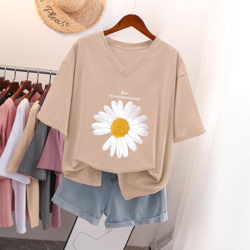 Short-sleeved T-shirt for Women, Large Size, Loose and Slimming, Printed V-neck Top