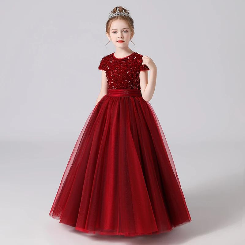 Princess Dress for Children Sparkly Sequin Short Sleeve Flower Girl Dress Tulle Kid Birthday Party Pageant Prom Gown Junior Bridesmaid