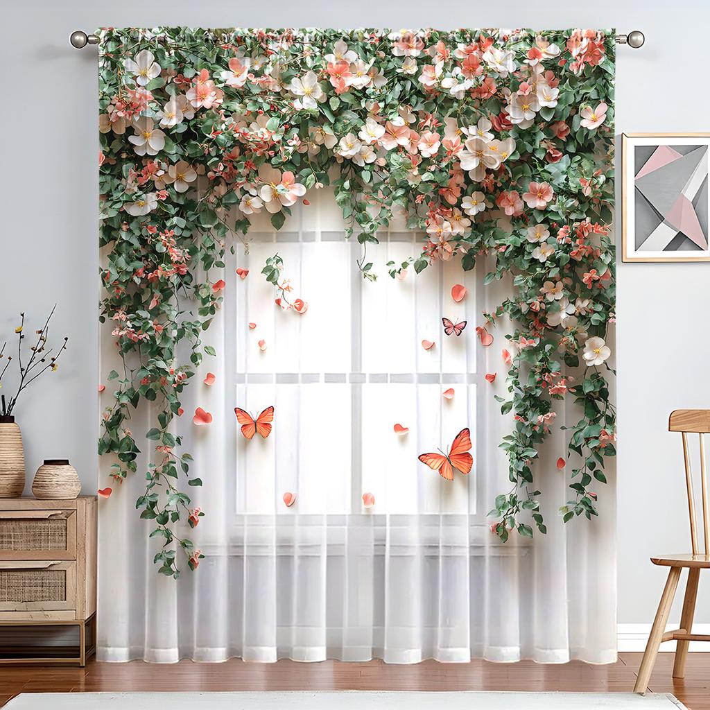 1PC Elegant Wisteria Flower Sheer Curtains - Purple Floral Design with Green Leaves, Rod Pocket Top for Living Room, Kitchen, Bedroom, Balcony