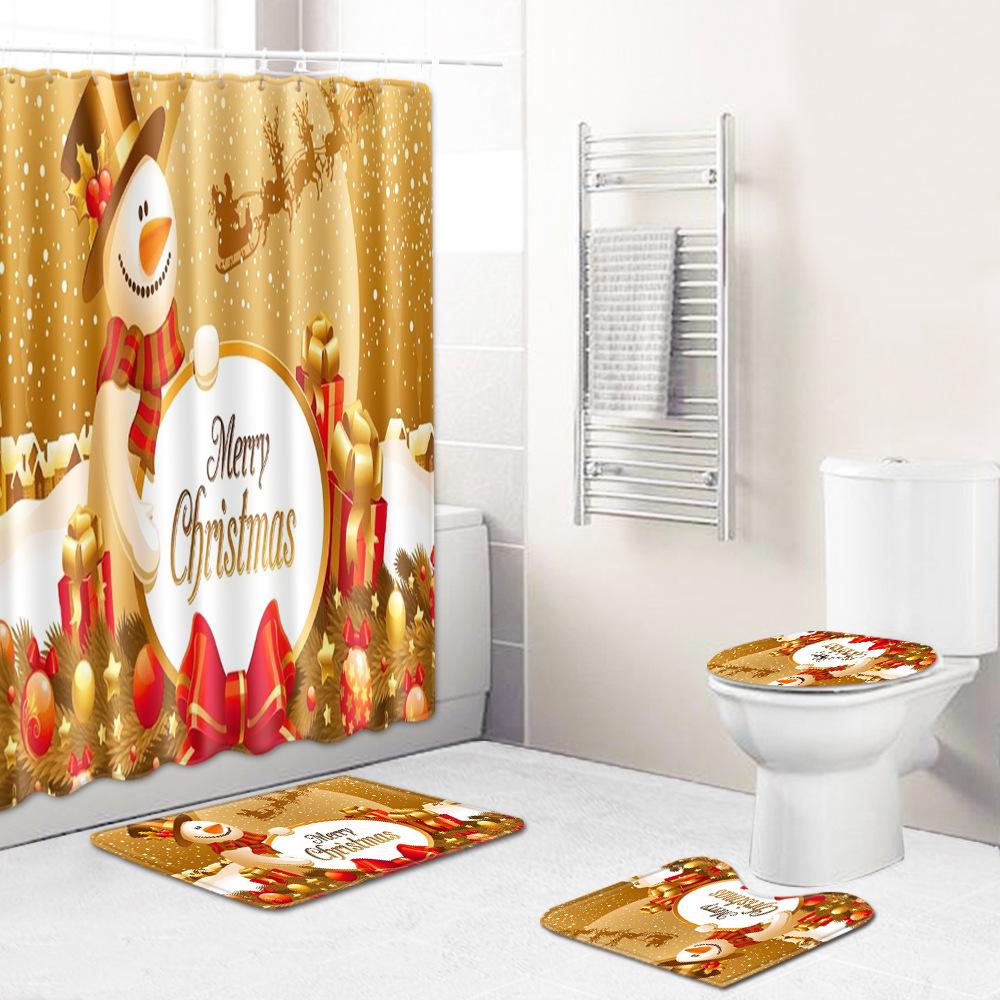Christmas Shower Curtain Floor Mat Combination Four-Piece Set Bathroom Toilet Carpet Shower Room Mat Foot Mat