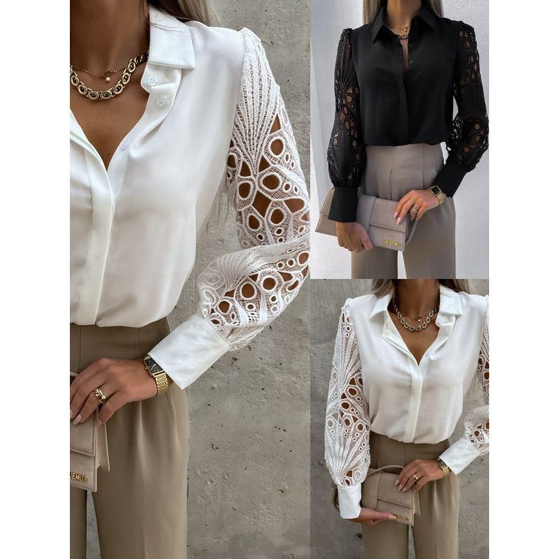 

2023 Hot Selling Women s Lace Patchwork Shirt Patchwork Shirt Black 3XL